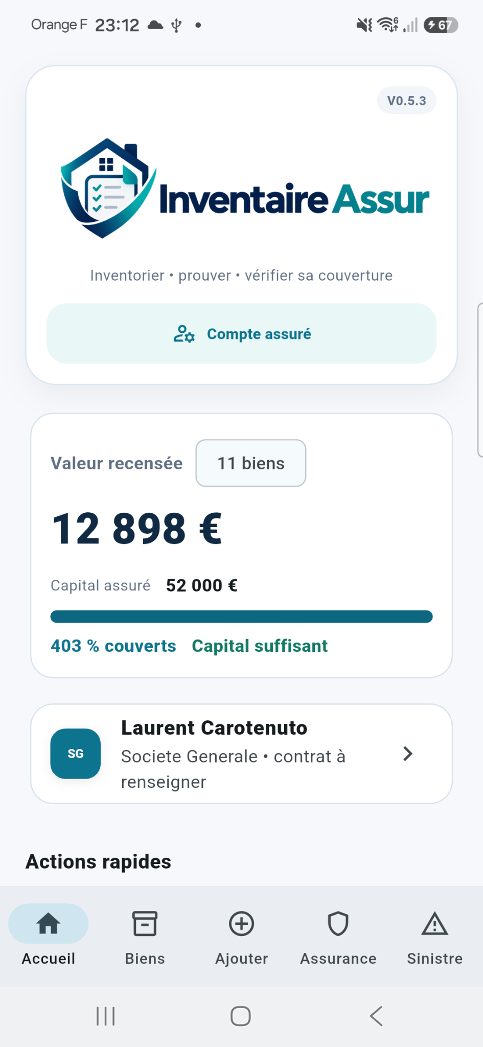 Écran d’accueil Inventaire Assur